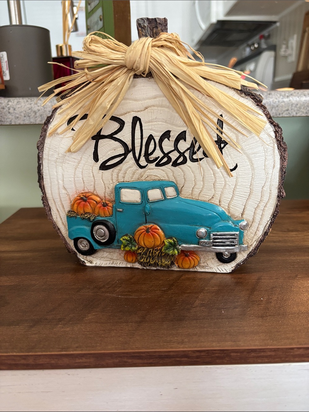 Blessed Teal Truck Pumpkin Wood Accent - Seasonal Home Decor